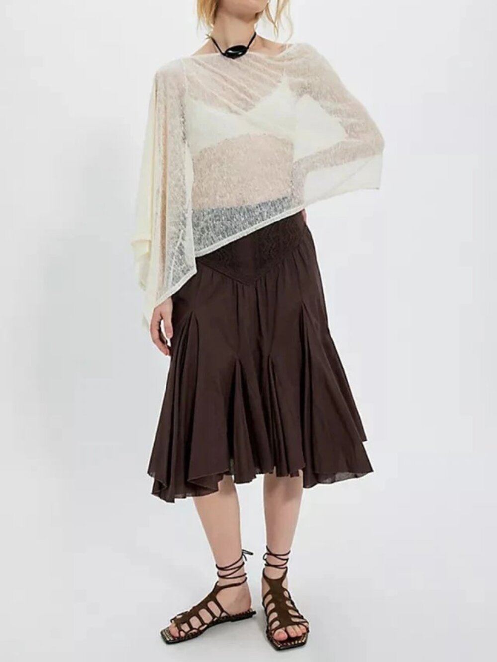 Free People FP One Frida Godet Midi Skirt Chocolatier Embroidered Pull-on XL